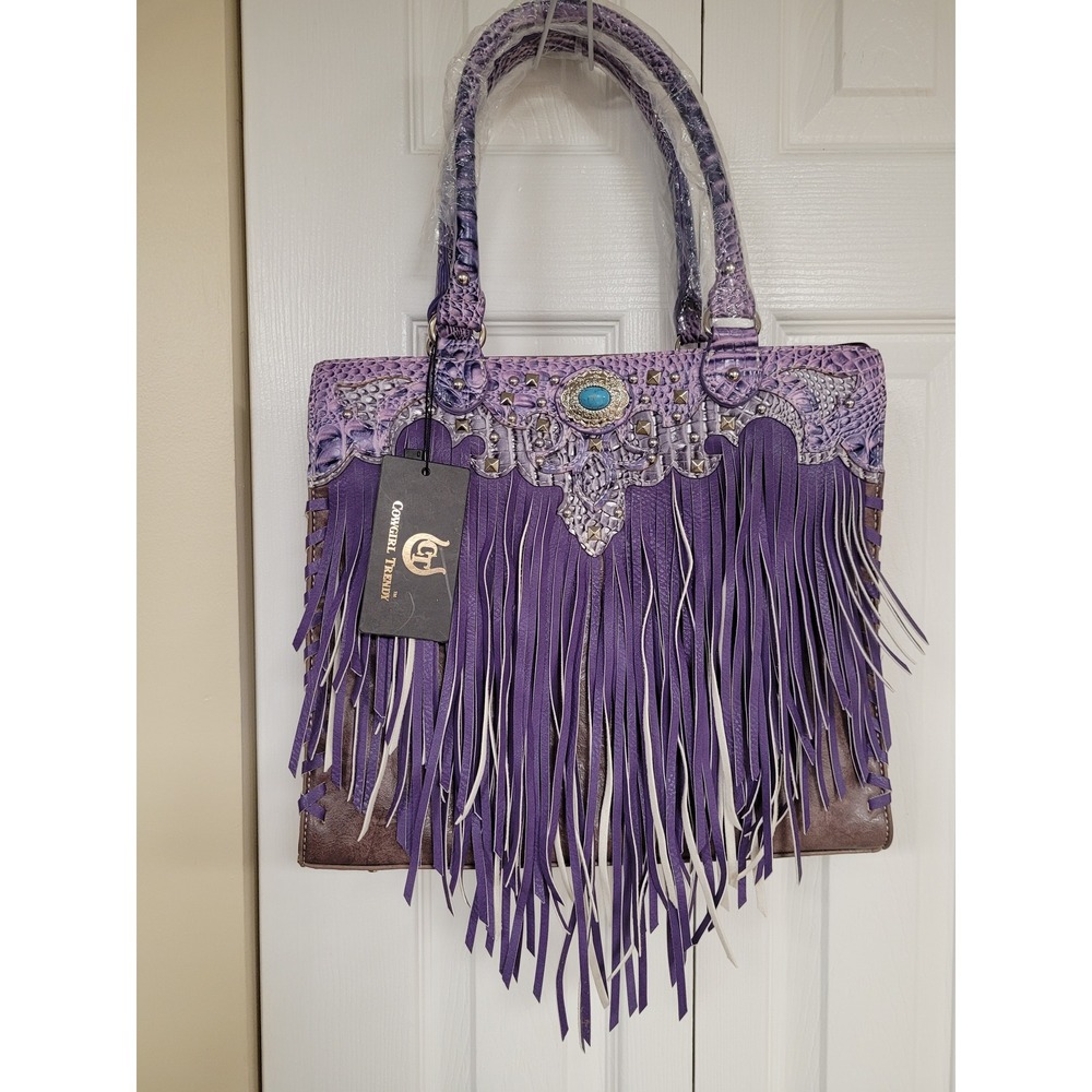 Cowgirl Trendy Western Fringe Tote Bag and Wallet Set Purple Turquoise Studded